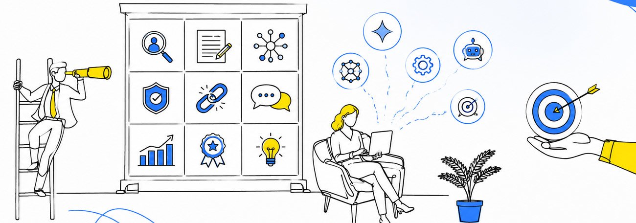 Illustration: people working with search and AI tools